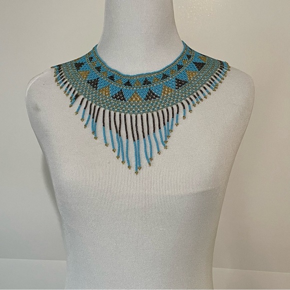 Blue Gold Brown Native American Style Beaded Necklace Collar Handmade - Picture 7 of 7